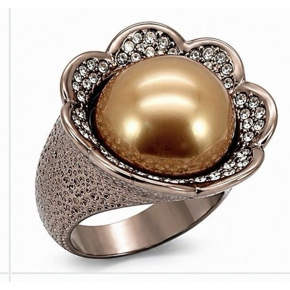Art Deco Brown Pearl Ring Chocolate Gold Hammered Crystal Floral Statement SZ 6